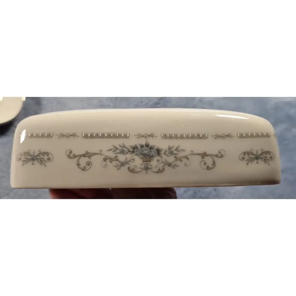 Vintage Diane Japan Fine Porcelain Covered Butter Dish Blue Floral Silver Trim